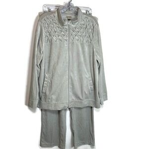 BLAIR Women XL Velour Tracksuit 2pc Gray Silver Quilted Smocked Zip Jacket Pants